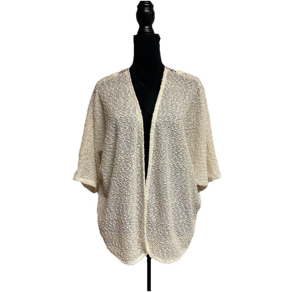 Chicos Size 2 Womens L Cardigan Ivory Sequins Lace Open Front Short Sleeves